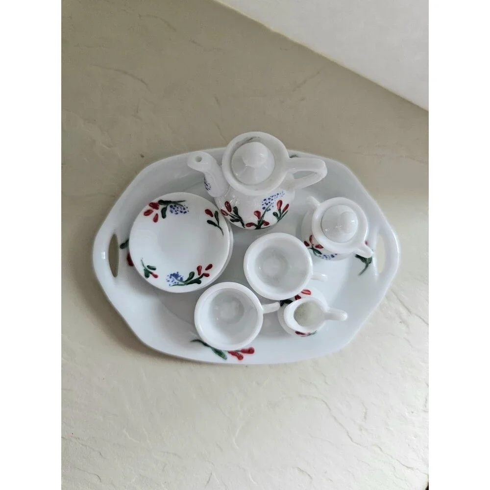 Vintage Miniature Ceramic Dollhouse Tea Set Blue And Red Floral Design